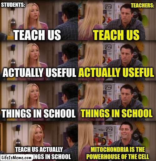 The School System | STUDENTS:; TEACHERS:; TEACH US; TEACH US; ACTUALLY USEFUL; ACTUALLY USEFUL; THINGS IN SCHOOL; THINGS IN SCHOOL; TEACH US ACTUALLY USEFUL THINGS IN SCHOOL; MITOCHONDRIA IS THE POWERHOUSE OF THE CELL | image tagged in joey repeat after me,schools,memes | made w/ Lifeismeme meme maker