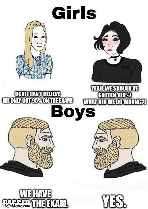 girls getting 95% on the exam vs. boys getting 70% on the exam | UGH! I CAN’T BELIEVE WE ONLY GOT 95% ON THE EXAM! YEAH, WE SHOULD’VE GOTTEN 100%! WHAT DID WE DO WRONG?! YES. WE HAVE PASSED THE EXAM. | image tagged in girls vs boys,exam,school,relatable memes,memes | made w/ Lifeismeme meme maker
