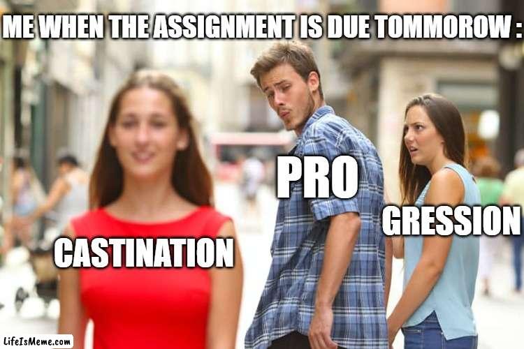 I should probably finish it instead of making memes | ME WHEN THE ASSIGNMENT IS DUE TOMMOROW :; PRO; GRESSION; CASTINATION | image tagged in memes,distracted boyfriend | made w/ Lifeismeme meme maker