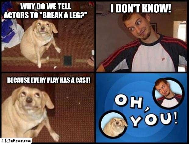 made a joke | I DON'T KNOW! WHY DO WE TELL ACTORS TO "BREAK A LEG?"; BECAUSE EVERY PLAY HAS A CAST! | image tagged in oh you,joke,jokes,funny,memes | made w/ Lifeismeme meme maker