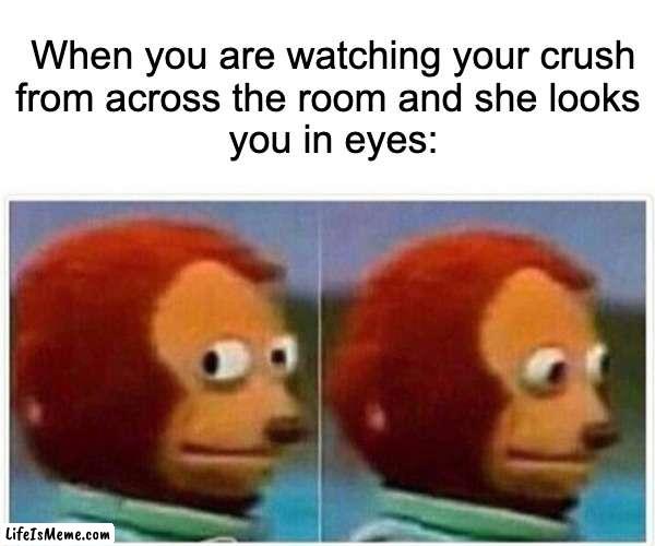 heh heh… you saw nothing | When you are watching your crush
from across the room and she looks 
you in eyes: | image tagged in memes,monkey puppet | made w/ Lifeismeme meme maker