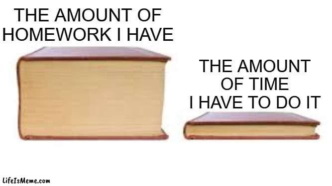 This is sad | THE AMOUNT OF HOMEWORK I HAVE; THE AMOUNT OF TIME I HAVE TO DO IT | image tagged in big book small book,homework,time | made w/ Lifeismeme meme maker