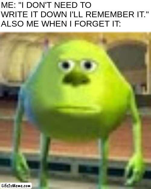 y'all remember when this meme was still relevant? I do | ME: "I DON'T NEED TO WRITE IT DOWN I'LL REMEMBER IT."
ALSO ME WHEN I FORGET IT: | image tagged in sully wazowski,relatable,funni | made w/ Lifeismeme meme maker
