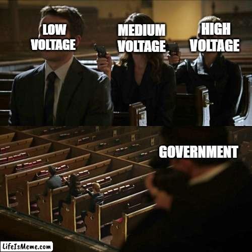chain of blackout | LOW VOLTAGE; HIGH VOLTAGE; MEDIUM VOLTAGE; GOVERNMENT | image tagged in assassination chain,blackout,funny,memes,funny memes | made w/ Lifeismeme meme maker