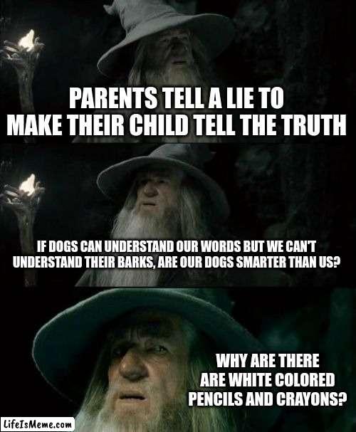 This is very confusing... (Part 4) | PARENTS TELL A LIE TO MAKE THEIR CHILD TELL THE TRUTH; IF DOGS CAN UNDERSTAND OUR WORDS BUT WE CAN'T UNDERSTAND THEIR BARKS, ARE OUR DOGS SMARTER THAN US? WHY ARE THERE ARE WHITE COLORED PENCILS AND CRAYONS? | image tagged in memes,confused gandalf | made w/ Lifeismeme meme maker