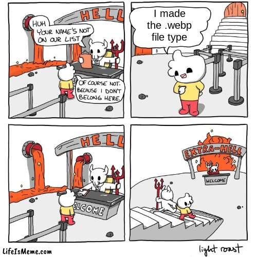 I hate .webp files so much, like yeah thanks where I'm putting this other than a file converter so I can get a png or a jpeg or  | I made the .webp file type | image tagged in extra-hell,funny,funny memes,memes,hell,random | made w/ Lifeismeme meme maker