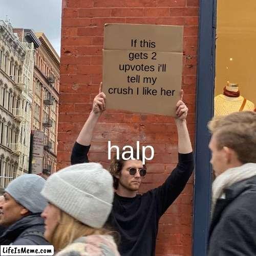 Not upvote begging | If this gets 2 upvotes i'll tell my crush I like her; halp | image tagged in memes,guy holding cardboard sign | made w/ Lifeismeme meme maker