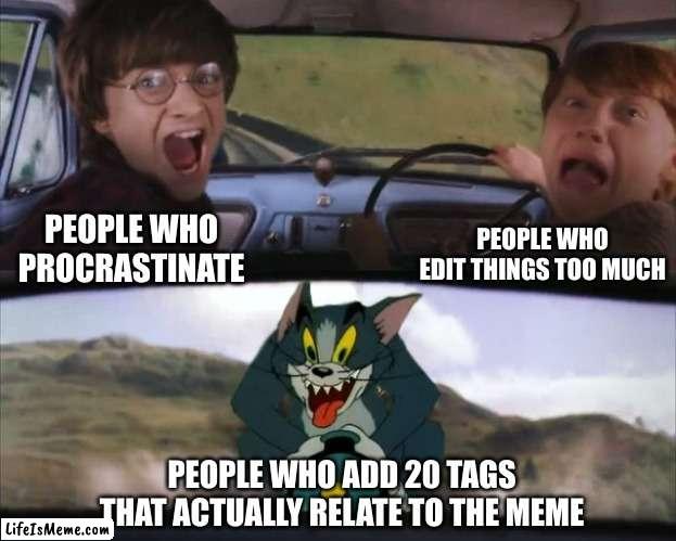 the time they have is immeasurable | PEOPLE WHO EDIT THINGS TOO MUCH; PEOPLE WHO PROCRASTINATE; PEOPLE WHO ADD 20 TAGS THAT ACTUALLY RELATE TO THE MEME | image tagged in tom chasing harry and ron weasly | made w/ Lifeismeme meme maker