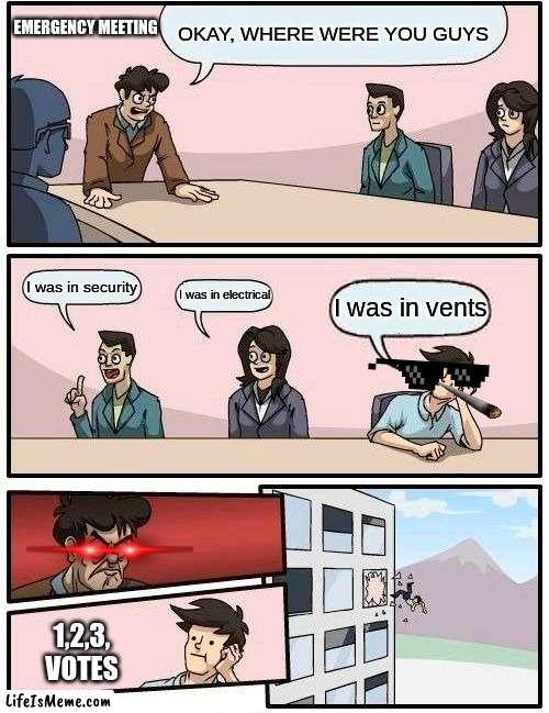 Emergency meeting- | EMERGENCY MEETING; OKAY, WHERE WERE YOU GUYS; I was in security; I was in electrical; I was in vents; 1,2,3, VOTES | image tagged in memes,boardroom meeting suggestion,funny memes,meme,funny | made w/ Lifeismeme meme maker