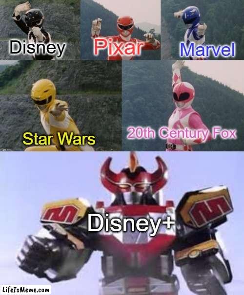 Streaming Service Megazord: Disney+ | Pixar; Disney; Marvel; 20th Century Fox; Star Wars; Disney+ | image tagged in mighty morphing power rangers summon the megazord,pixar,disney,marvel,star wars,20th century fox | made w/ Lifeismeme meme maker