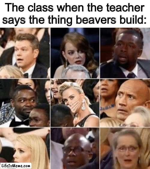 “Oh frick the teacher just cursed!” | The class when the teacher says the thing beavers build: | image tagged in school,teacher,school meme,memes,funny | made w/ Lifeismeme meme maker