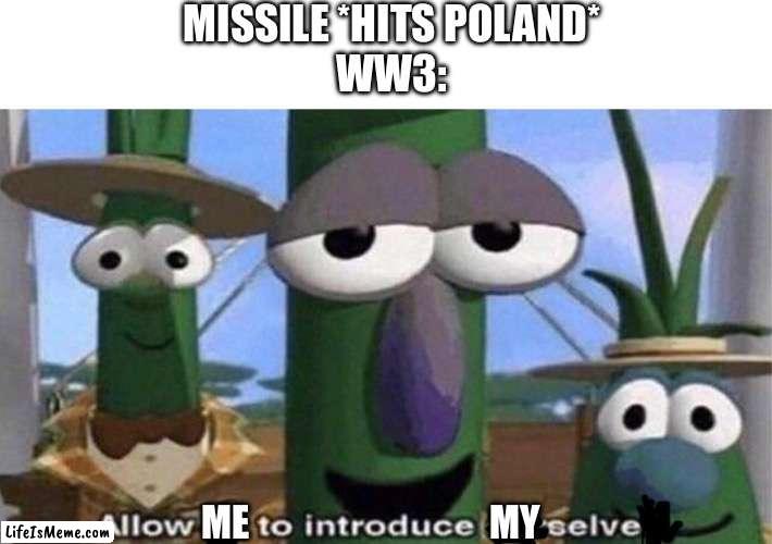 Say hello to WW3 | MISSILE *HITS POLAND*
WW3:; ME; MY | image tagged in veggietales 'allow us to introduce ourselfs',ww3 | made w/ Lifeismeme meme maker