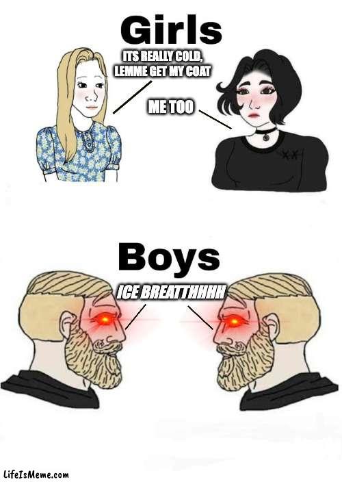 Ice Breatthhhh | ITS REALLY COLD, LEMME GET MY COAT; ME TOO; ICE BREATTHHHH | image tagged in boys v girls | made w/ Lifeismeme meme maker