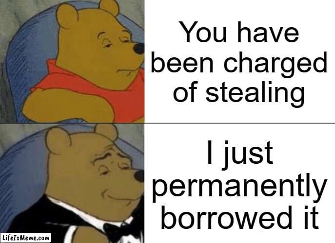 nothing here | You have been charged of stealing; I just permanently borrowed it | image tagged in memes,tuxedo winnie the pooh | made w/ Lifeismeme meme maker