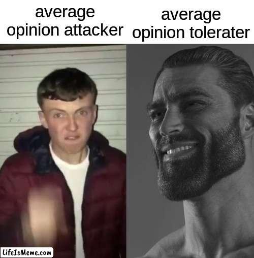 Opinions are cool until they go to war | average opinion tolerater; average opinion attacker | image tagged in average fan vs average enjoyer,fandoms,opinions | made w/ Lifeismeme meme maker