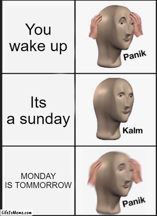 everyday be like | You wake up; Its a sunday; MONDAY IS TOMMORROW | image tagged in memes,panik kalm panik,funny,relatable,school,weekend | made w/ Lifeismeme meme maker