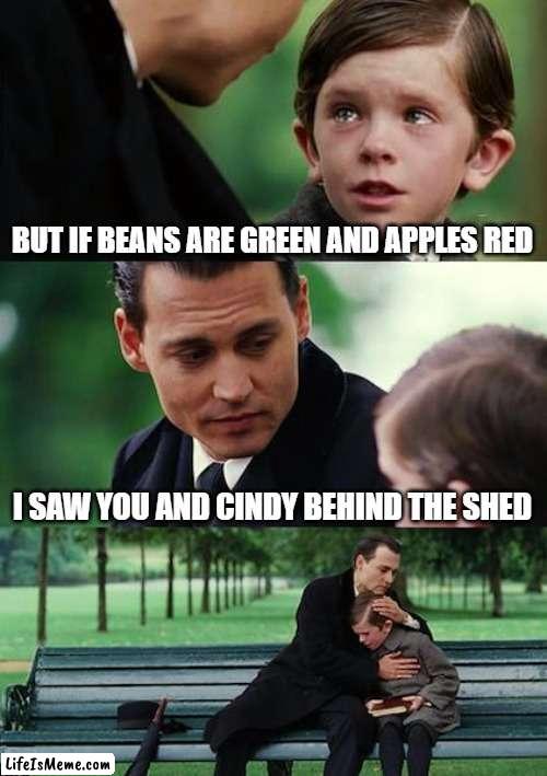 Meme created by the (L I) Lewies's intelligent. | BUT IF BEANS ARE GREEN AND APPLES RED; I SAW YOU AND CINDY BEHIND THE SHED | image tagged in memes,finding neverland,kewlew | made w/ Lifeismeme meme maker