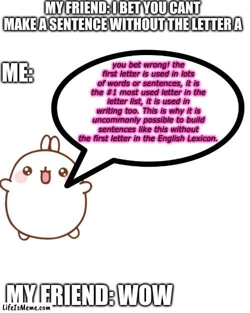 What a smart bunny... | MY FRIEND: I BET YOU CANT MAKE A SENTENCE WITHOUT THE LETTER A; you bet wrong! the first letter is used in lots of words or sentences, it is the #1 most used letter in the letter list, it is used in writing too. This is why it is uncommonly possible to build sentences like this without the first letter in the English Lexicon. ME:; MY FRIEND: WOW | image tagged in smart,bunny,sentence,essay,get smart | made w/ Lifeismeme meme maker