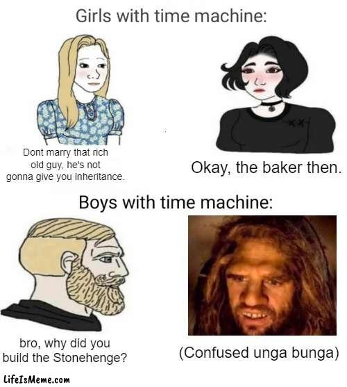 Blonde girl disappearing in 3... 2... 1... | Okay, the baker then. Dont marry that rich old guy, he's not gonna give you inheritance. bro, why did you build the Stonehenge? (Confused unga bunga) | image tagged in time machine,stonehenge | made w/ Lifeismeme meme maker