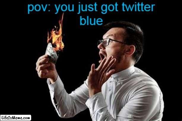 twitter right now | image tagged in twitter,twitter blue,burning money | made w/ Lifeismeme meme maker