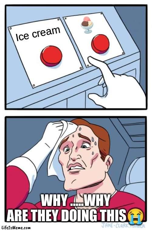 OMG SO SAD? | 🍨; Ice cream; WHY .....WHY ARE THEY DOING THIS😭 | image tagged in memes,two buttons | made w/ Lifeismeme meme maker