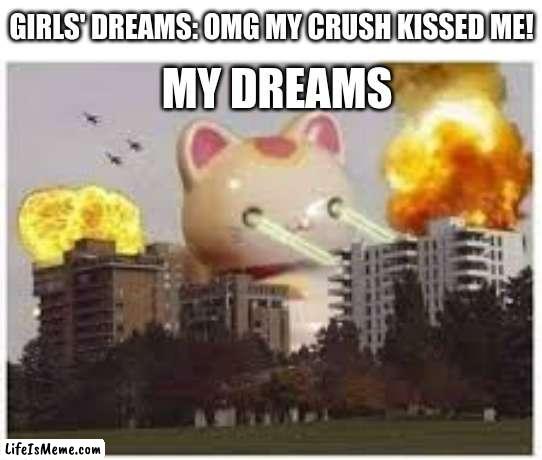 I had a dream just like that yesterday actually | GIRLS' DREAMS: OMG MY CRUSH KISSED ME! MY DREAMS | image tagged in dreams,memes,funny,relatable,im weird | made w/ Lifeismeme meme maker