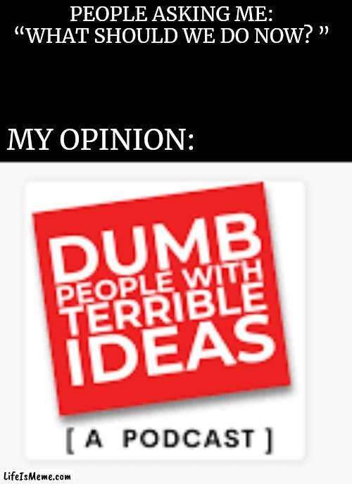 Amazingly clever title | PEOPLE ASKING ME:
“WHAT SHOULD WE DO NOW? ”; MY OPINION: | image tagged in comments,sad,happy,thatdumbshityeetman,good | made w/ Lifeismeme meme maker