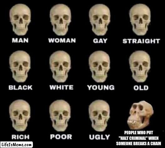 technically they also broke the chain | PEOPLE WHO PUT "HALT CRIMINAL" WHEN SOMEONE BREAKS A CHAIN | image tagged in idiot skull | made w/ Lifeismeme meme maker