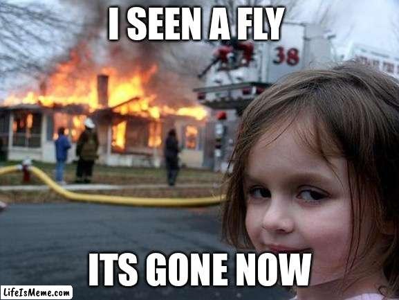 FLY FIRE | I SEEN A FLY; ITS GONE NOW | image tagged in memes,disaster girl | made w/ Lifeismeme meme maker