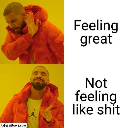 To be fair not feeling like shit feels pretty great | Feeling great; Not feeling like shit | image tagged in memes,drake hotline bling | made w/ Lifeismeme meme maker