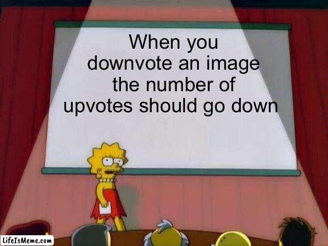 Just a suggestion | When you downvote an image the number of upvotes should go down | image tagged in lisa simpson's presentation,imgflip points,imgflip users,downvote | made w/ Lifeismeme meme maker