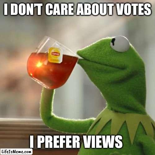 Views matter more than votes | I DON’T CARE ABOUT VOTES; I PREFER VIEWS | image tagged in memes,but that's none of my business,kermit the frog | made w/ Lifeismeme meme maker