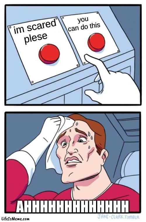 no no no ahhhhhhhhhhh | you can do this; im scared plese; AHHHHHHHHHHHHH | image tagged in memes,two buttons | made w/ Lifeismeme meme maker