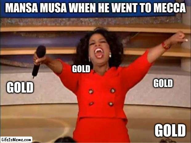 Made for history class | MANSA MUSA WHEN HE WENT TO MECCA; GOLD; GOLD; GOLD; GOLD | image tagged in memes,oprah you get a | made w/ Lifeismeme meme maker