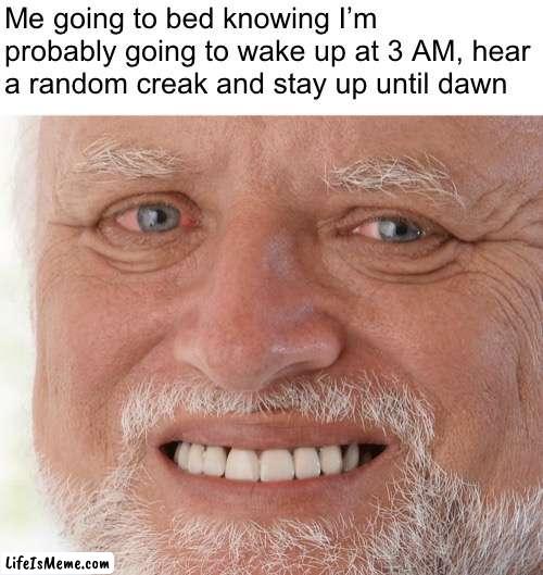 At least I have Lifeismeme… | Me going to bed knowing I’m probably going to wake up at 3 AM, hear a random creak and stay up until dawn | image tagged in hide the pain harold,why,3 am,sleep,relatable | made w/ Lifeismeme meme maker