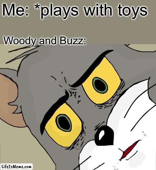 toy story guysssss | Me: *plays with toys; Woody and Buzz: | image tagged in memes,unsettled tom | made w/ Lifeismeme meme maker