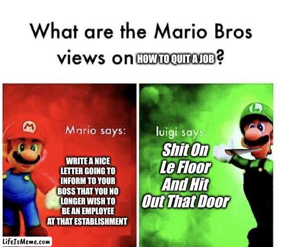 How to quit a job | HOW TO QUIT A JOB; Shit On Le Floor And Hit Out That Door; WRITE A NICE LETTER GOING TO INFORM TO YOUR BOSS THAT YOU NO LONGER WISH TO BE AN EMPLOYEE AT THAT ESTABLISHMENT | image tagged in mario bros views | made w/ Lifeismeme meme maker