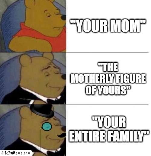 Your entire family | "YOUR MOM"; "THE MOTHERLY FIGURE OF YOURS"; "YOUR ENTIRE FAMILY" | image tagged in tuxedo winnie the pooh 3 panel | made w/ Lifeismeme meme maker