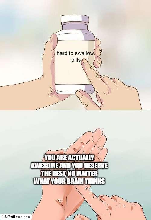 Facts, please believe me when I say this. I mean it!  ):< | YOU ARE ACTUALLY AWESOME AND YOU DESERVE THE BEST, NO MATTER WHAT YOUR BRAIN THINKS | image tagged in hard pills to swallow,wholesome | made w/ Lifeismeme meme maker