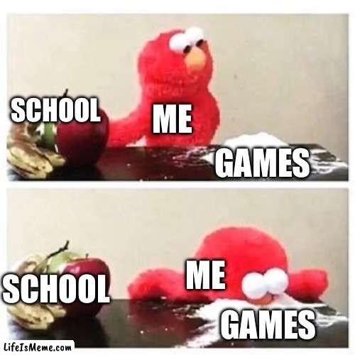 When you don’t care about your future: | ME; SCHOOL; GAMES; SCHOOL; ME; GAMES | image tagged in elmo cocaine | made w/ Lifeismeme meme maker