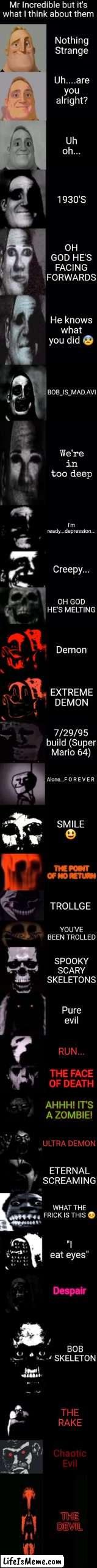Opinions of mine | Mr Incredible but it's what I think about them; Nothing Strange; Uh....are you alright? Uh oh... 1930'S; OH GOD HE'S FACING FORWARDS; He knows what you did 😰; BOB_IS_MAD.AVI; We're in too deep; I'm ready...depression... Creepy... OH GOD HE'S MELTING; Demon; EXTREME DEMON; 7/29/95 build (Super Mario 64); Alone...F O R E V E R; SMILE 😃; THE POINT OF NO RETURN; TROLLGE; YOU'VE BEEN TROLLED; SPOOKY SCARY SKELETONS; Pure evil; RUN... THE FACE OF DEATH; AHHH! IT'S A ZOMBIE! ULTRA DEMON; ETERNAL SCREAMING; WHAT THE FRICK IS THIS 🤨; "I eat eyes"; Despair; BOB SKELETON; THE RAKE; Chaotic Evil; THE DEVIL | image tagged in mr incredible becoming uncanny 3rd extension,the what,oh god why,what the heck | made w/ Lifeismeme meme maker