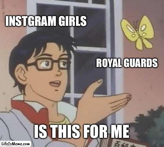 what is with this | INSTGRAM GIRLS; ROYAL GUARDS; IS THIS FOR ME | image tagged in memes,is this a pigeon | made w/ Lifeismeme meme maker