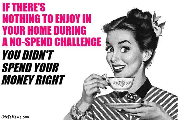 No-Spend Challenge Housewife Logic | IF THERE'S NOTHING TO ENJOY IN YOUR HOME DURING A NO-SPEND CHALLENGE; YOU DIDN'T SPEND YOUR MONEY RIGHT | image tagged in 1950s housewife,logic,budget,money,so true memes,funny | made w/ Lifeismeme meme maker