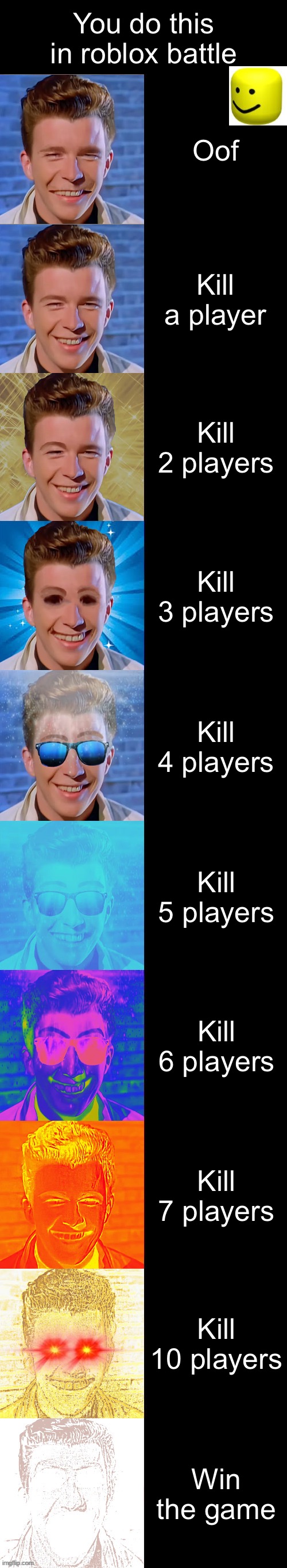 Rick astley becoming canny you did this in a roblox battle | You do this in roblox battle; Oof; Kill a player; Kill 2 players; Kill 3 players; Kill 4 players; Kill 5 players; Kill 6 players; Kill 7 players; Kill 10 players; Win the game | image tagged in rick astley becoming canny | made w/ Lifeismeme meme maker