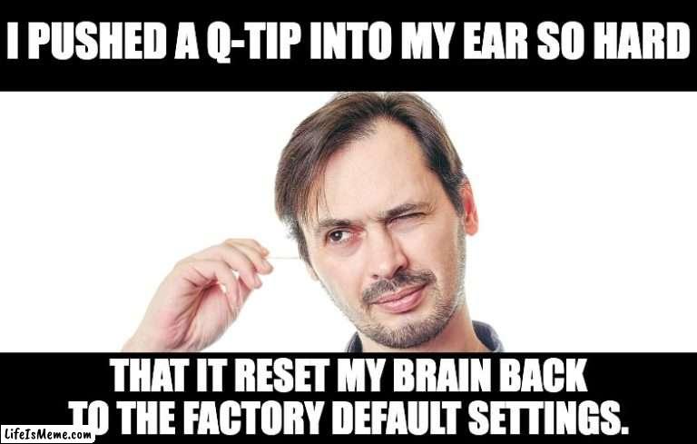 Q-Tip | I PUSHED A Q-TIP INTO MY EAR SO HARD; THAT IT RESET MY BRAIN BACK TO THE FACTORY DEFAULT SETTINGS. | image tagged in stupid | made w/ Lifeismeme meme maker