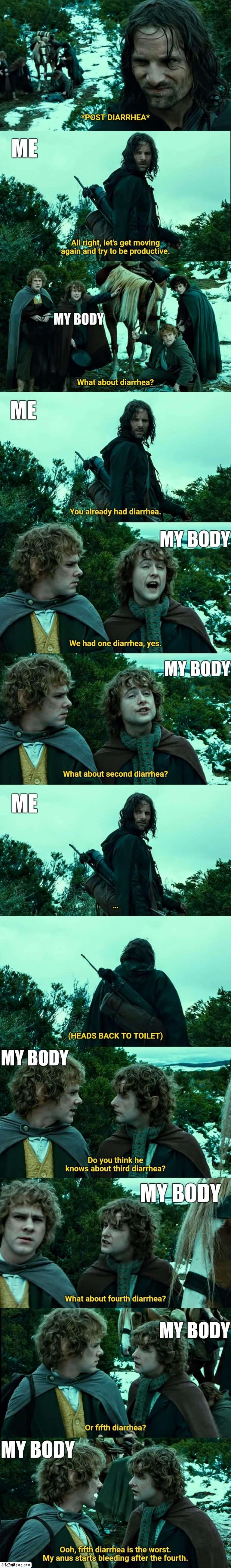 5th diarrhea | *POST DIARRHEA*; ME; All right, let’s get moving again and try to be productive. MY BODY; What about diarrhea? ME; You already had diarrhea. MY BODY; We had one diarrhea, yes. MY BODY; What about second diarrhea? ME; …; (HEADS BACK TO TOILET); MY BODY; Do you think he knows about third diarrhea? MY BODY; What about fourth diarrhea? MY BODY; Or fifth diarrhea? MY BODY; Ooh, fifth diarrhea is the worst. My anus starts bleeding after the fourth. | image tagged in lotr,toilet humor,diarrhea | made w/ Lifeismeme meme maker