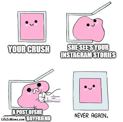 The crush that crash your heart | SHE SEE'S YOUR INSTAGRAM STORIES; YOUR CRUSH; A POST OFSHE WITH HER BOYFRIEND | image tagged in pink blob in the box,crush,no girlfriend,sadness | made w/ Lifeismeme meme maker