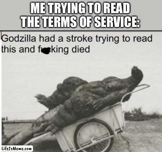 It’s so much Reading!!!! | ME TRYING TO READ THE TERMS OF SERVICE: | image tagged in godzilla,memes,funny,godzilla had a stroke trying to read this and fricking died,reading,stroke | made w/ Lifeismeme meme maker
