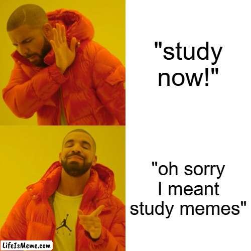 who is lazy here ✋? | "study now!"; "oh sorry I meant study memes" | image tagged in memes,drake hotline bling | made w/ Lifeismeme meme maker