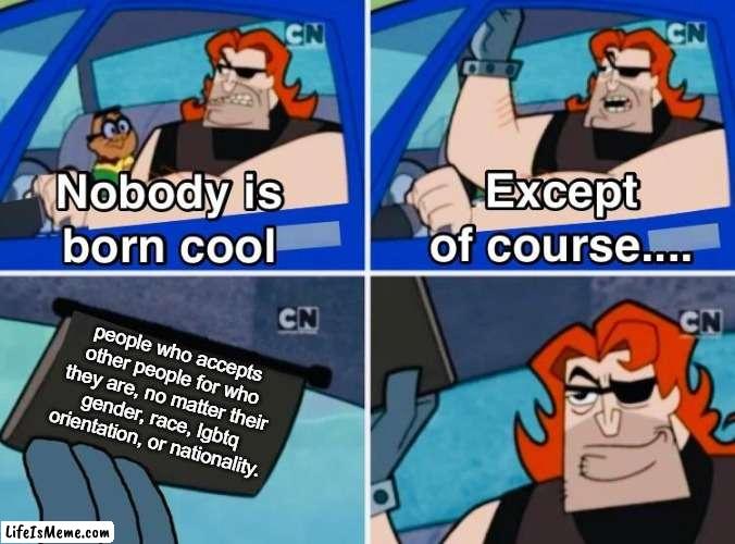 we should all accept people for who they are :) | people who accepts other people for who they are, no matter their gender, race, lgbtq orientation, or nationality. | image tagged in nobody is born cool,acceptance | made w/ Lifeismeme meme maker